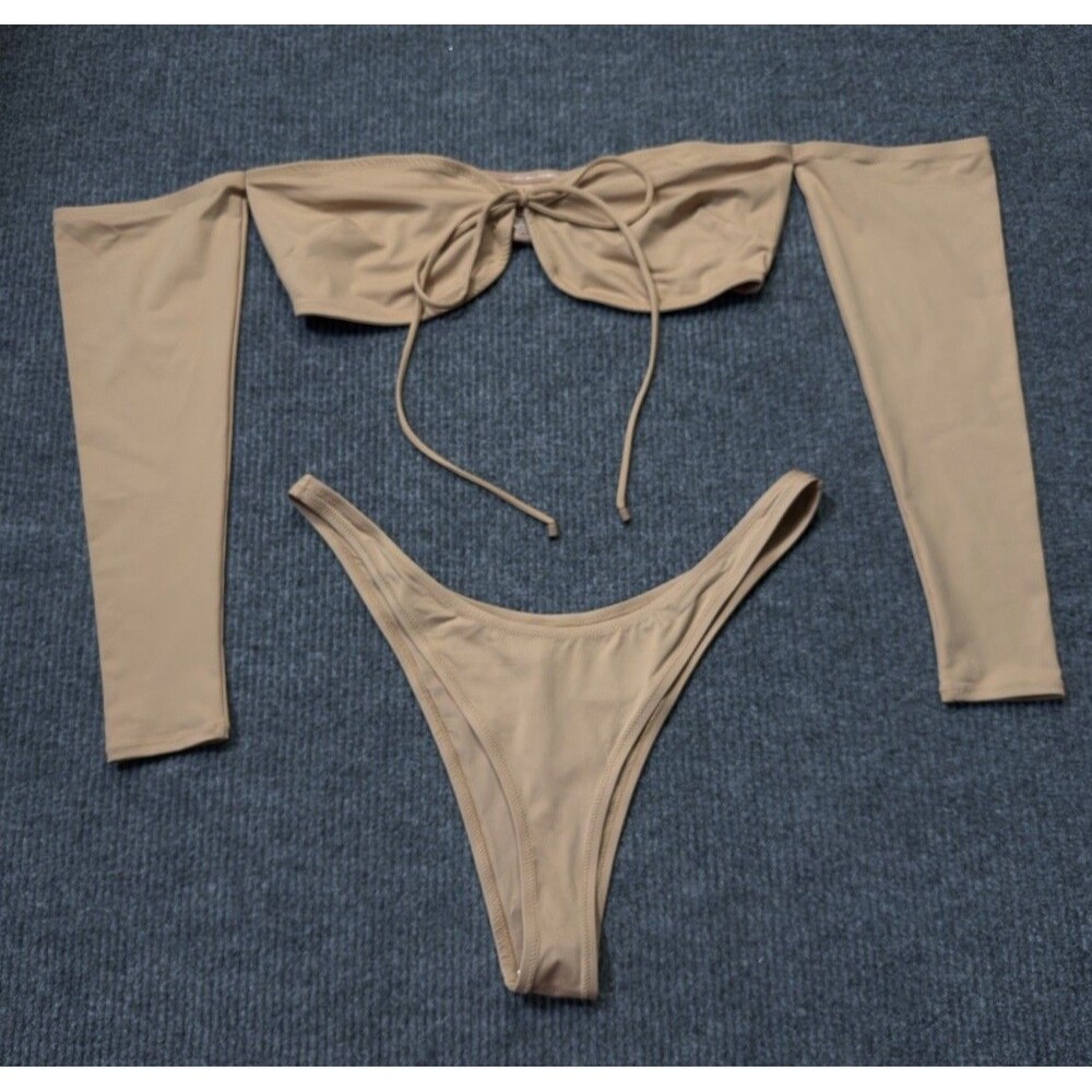 SKIMS Swim Size 3X Long Sleeve Top & Cheeky Tanga Bottom Bikini Set Ochre NEW